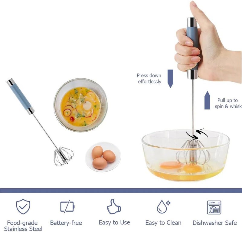 Avykalox 2 Pack Semi Automatic Whisk, Stainless Steel Mini Hand Push Whisks for Cooking, Easy to Use Hand Mixer Egg Beater Wisking Tool for Cooking, Whisking, Beating, Stirring - Image 2